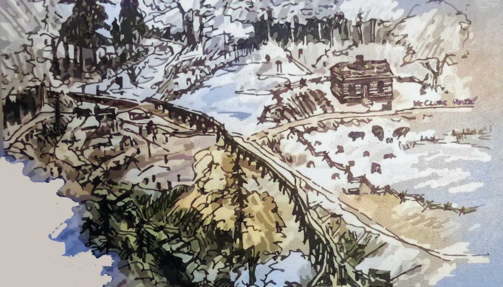 silver-creek-1870-sawmill - GeorgetownOn Magazine Silver Creek 1870. Cabin, sawmill and grist mill.